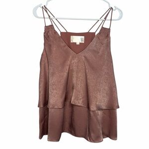 J.O.A. Tiered Ruffle Tank Cami Sleeveless Top Womens Small Pink Shimmer Party